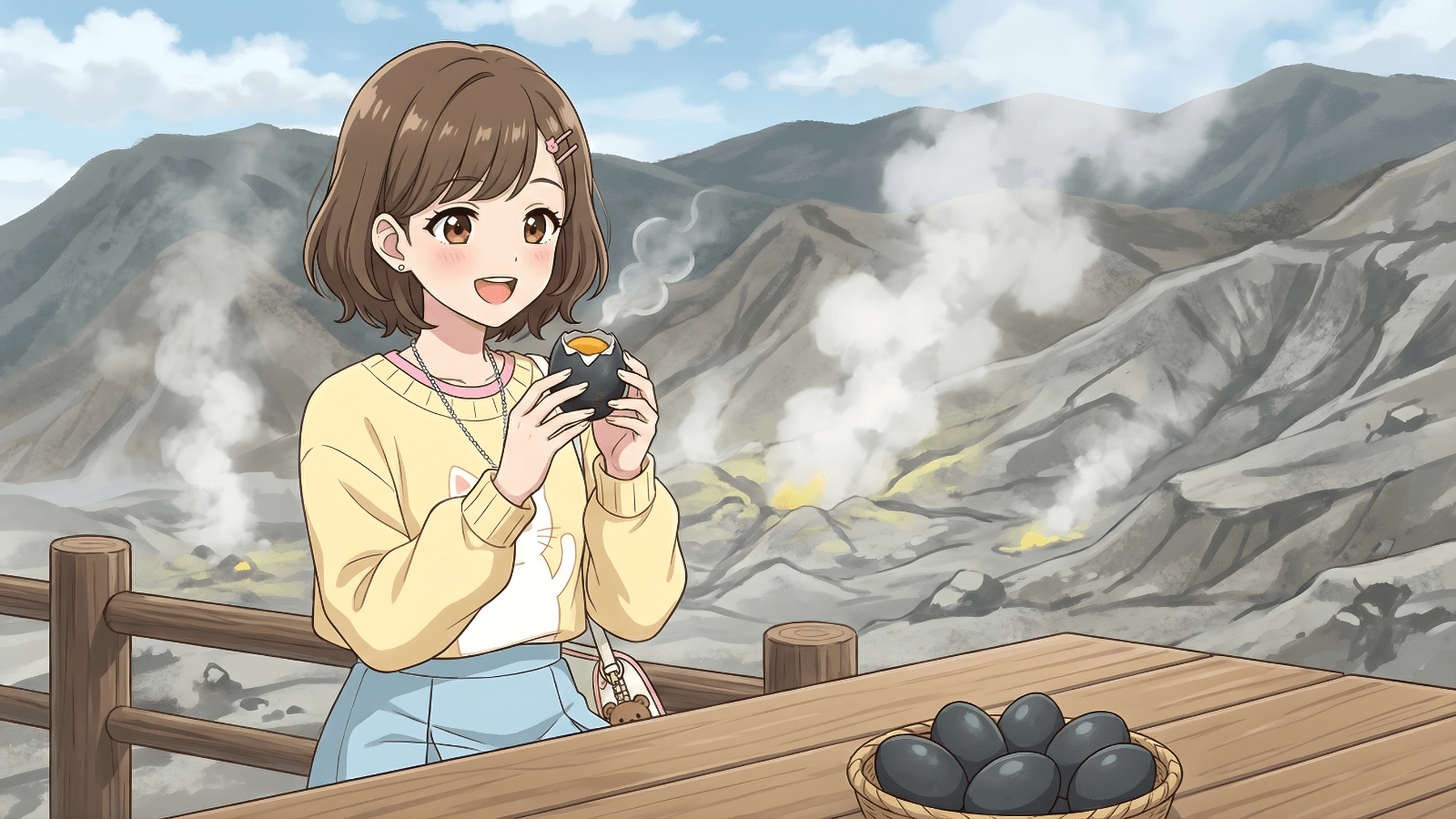 大涌谷に行って、黒たまごが食べたいです Em muốn đi Owakudani, rồi ăn trứng đen ạ.