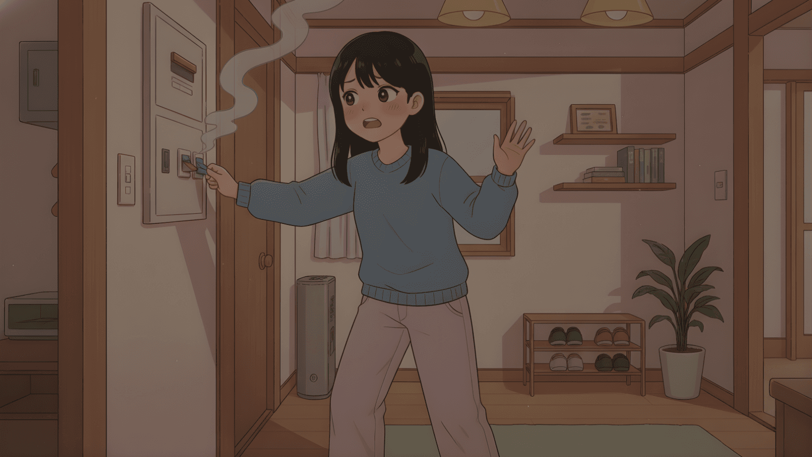 もし焦げ臭いがしたら、電源を切ってください。 Nếu cảm thấy mùi khét thì hãy ngắt cầu dao điện.