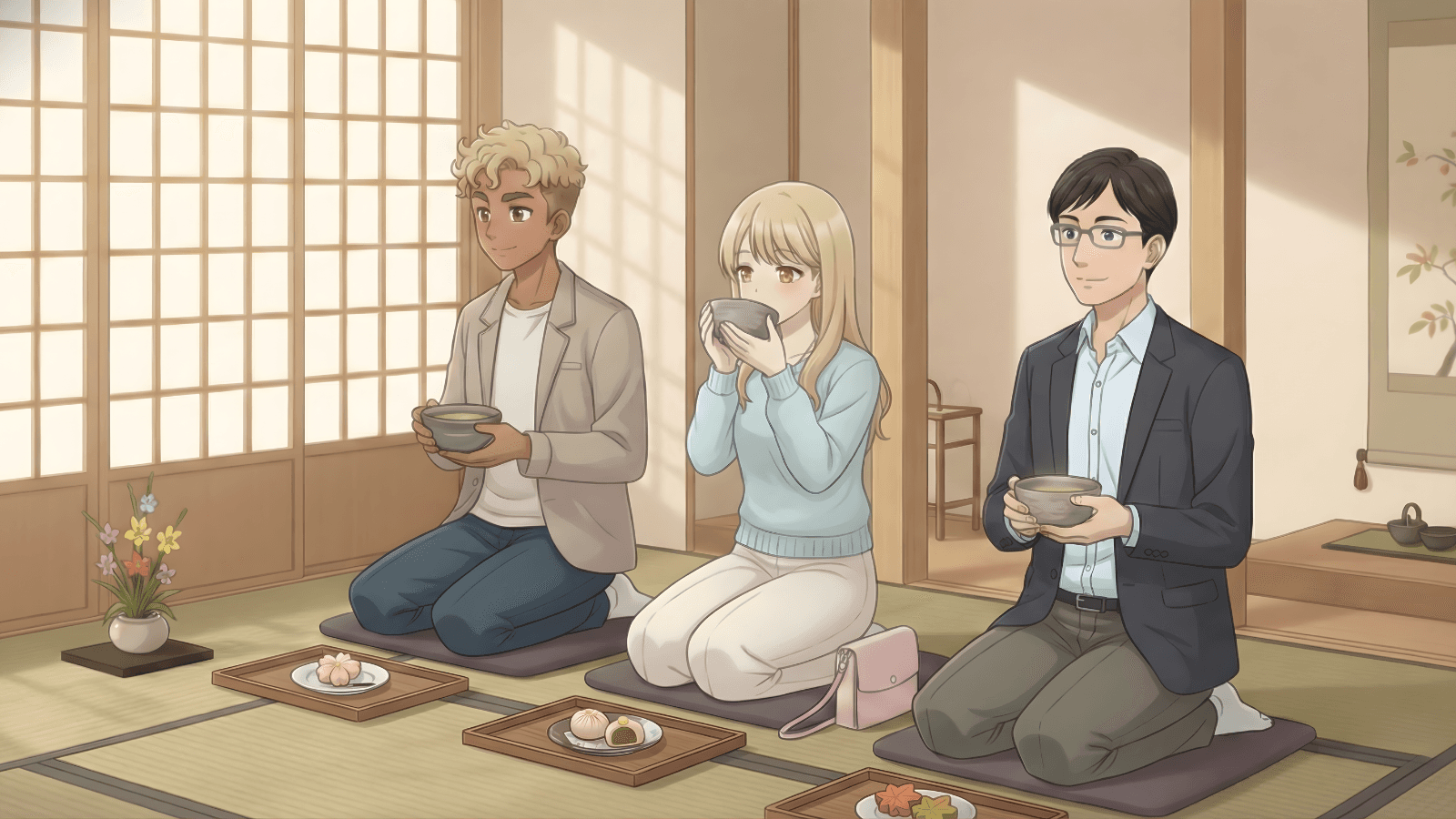 Sau khi ăn bánh Nhật Bản, thì uống trà pha từ bột trà xanh.