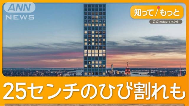 ニューヨークの<ruby ><rb><span class="jlpt-n5" word="高い">高</rb><rt>たか</rt></ruby>い</span><span class="jlpt-n2" word="マンション">マンション</span>に<span class="jlpt-n5" word="たくさん">たくさん</span>のひび