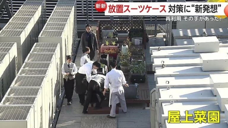 東京のホテル、忘れられたスーツケースを屋上の畑に使う